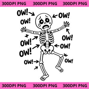 Könnte beinhalten: Schwarz-weiße Cartoon-Illustration eines Skeletts mit dem Wort „AU!" und Pfeilen, die auf verschiedene Körperteile zeigen. Das Skelett hat einen traurigen Gesichtsausdruck.