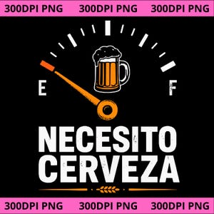 Könnte beinhalten: Schwarze Grafik mit einer Bieranzeige, die "E" für leer anzeigt. Eine Bierkrug-Grafik befindet sich in der Nähe des "F" für voll. Der Text "NECESITO CERVEZA" ist weiß, mit einer kleinen Weizengrafik darunter.