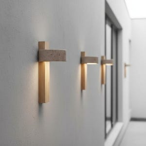 Lámpara de pared Wabi Sabi de travertino / aplique LED giratorio con interruptor de cadena / madera de nogal