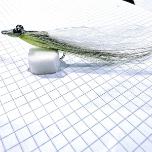May include: A detailed close-up of a fishing lure. The lure features a green and silver body with black eyes and a long, flowing white and silver tail. It is resting on a small, white, cube-shaped object against a grid background.