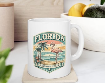Vintage Florida Mug, Flamingo Beach Coffee Cup, Tropical Sunset Mug, Florida Travel Gift
