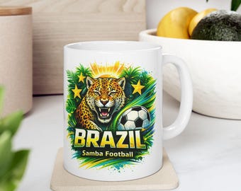 Brazil Football Mug, World Cup Fan Mug, Jaguar Coffee Cup, Brazil Team Gift, Soccer Supporter Mug, Game Day Mug, Gift for Him Her