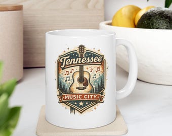Vintage Tennessee Mug, Nashville Music City Coffee Cup, Retro Travel Mug, Country Music Gift, USA Souvenir, Unique Gift for Him Her
