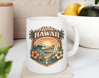 Aloha Hawaii Mug, Vintage Surf Coffee Cup, Tropical Beach Mug, Summer Vacation Gift