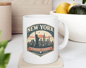 Vintage New York Mug, NYC Skyline Coffee Cup, Retro Empire State Mug, New York Gift, USA Travel Souvenir, Unique Gift for Him Her