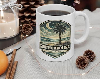 Vintage South Carolina Mug, Palmetto Tree Coffee Cup, Coastal Mug, Retro Travel Mug, South Carolina Gift, USA Souvenir, Gift for Him Her