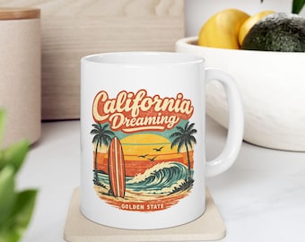 California Beach Sunset Mug | Retro Surf Palm Trees 11oz 15oz