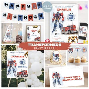 May include: A Transformers party bundle featuring banners, invitations, and decorations. The banner says "Happy Birthday" with Transformers characters. Invitations and signs feature Optimus Prime and other Autobots. Includes cupcake toppers and a party hat.
