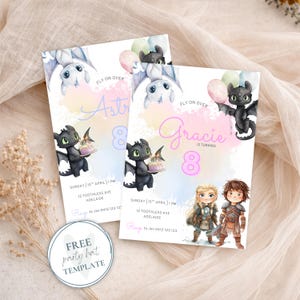 ヒックとドラゴン 誕生日招待状 + 無料パーティーハット - 編集可能な水彩テンプレート (5x7インチ デジタルダウンロード)
