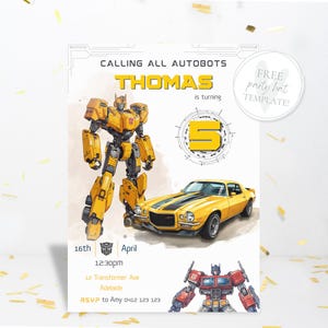 Transformers Bumblebee Birthday Invitation + FREE Party Hat - Editable Canva Template (5x7" Digital Download)