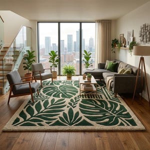 Hand Tufted Wool Botanical Leaf Rug, Green Scandinavian Plush Area Carpet