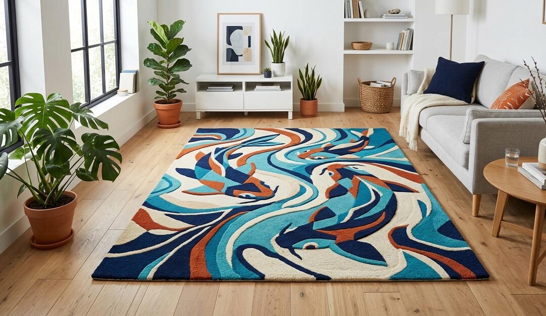 Luxury Abstract Fish Hand Tufted Rug, Modern Ocean Inspired Wool Area ...