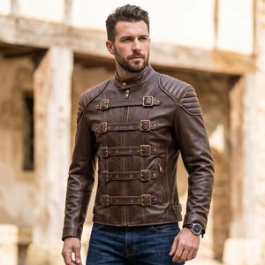 May include: A dark brown leather jacket featuring a mandarin collar, quilted shoulder panels, and four horizontal straps across the front, each secured with a metallic buckle. The jacket includes a central zipper closure and side pockets.