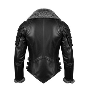 May include: Black leather jacket with a grey faux fur collar. The jacket features shoulder accents, a tailored fit, and three buckle details on each side. The sleeves have zippers and fur trim at the cuffs. A stylish outerwear piece.