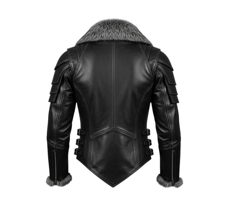 May include: Black leather jacket with a grey faux fur collar. The jacket features shoulder accents, a tailored fit, and three buckle details on each side. The sleeves have zippers and fur trim at the cuffs. A stylish outerwear piece.