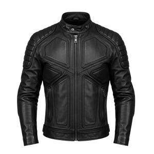 May include: A black leather jacket with a stand-up collar and a front zip. The jacket has quilted shoulder panels and geometric stitching details on the chest. Two zipped pockets are visible on the front.