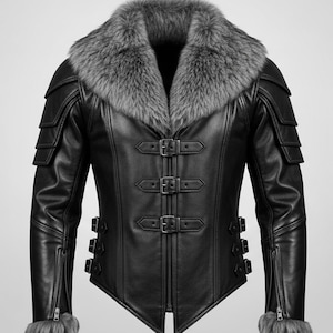 May include: Black leather jacket with a grey fur collar and cuffs. The jacket has multiple buckles, zippers, and shoulder accents. A stylish outerwear piece.