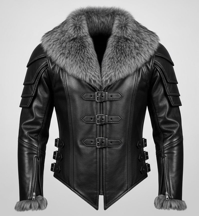 May include: Black leather jacket with a grey fur collar and cuffs. The jacket has multiple buckles, zippers, and shoulder accents. A stylish outerwear piece.