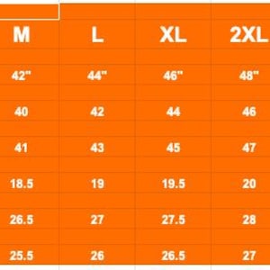 May include: An orange chart detailing garment size measurements. Sizes range from XS to 5XL, with chest, waist, hip, shoulder, length, and arm measurements in inches. The chart is designed for apparel sizing.