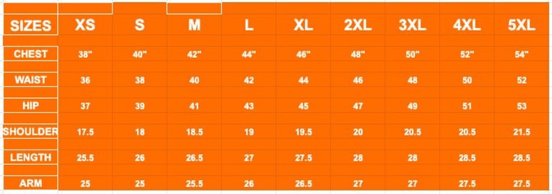 May include: An orange chart detailing garment size measurements. Sizes range from XS to 5XL, with chest, waist, hip, shoulder, length, and arm measurements in inches. The chart is designed for apparel sizing.