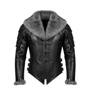 May include: Black leather jacket with a grey faux fur collar. The jacket has multiple buckles, shoulder accents, and zipped sleeves. A stylish winter coat.