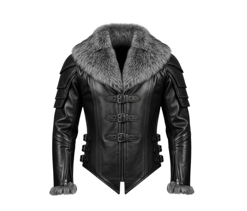 May include: Black leather jacket with a grey faux fur collar. The jacket has multiple buckles, shoulder accents, and zipped sleeves. A stylish winter coat.