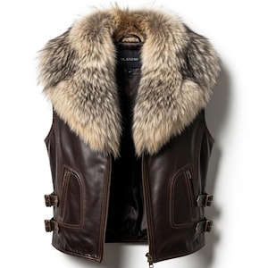 Può includere: Un gilet in pelle marrone con un ampio colletto in pelliccia. Il gilet ha una chiusura con cerniera, due tasche anteriori e dettagli con fibbia. Il colletto in pelliccia è un mix di marrone, grigio e beige. Il gilet è esposto su sfondo bianco.