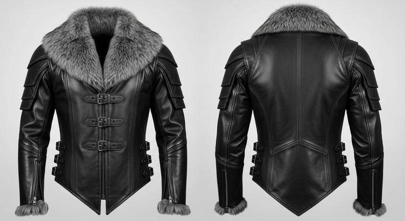 May include: Black leather jacket with a grey fur collar and cuffs. The jacket has multiple buckles, zippers, and shoulder detailing. The image shows both the front and back of the jacket.