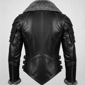 May include: Black leather jacket with a grey fur collar and cuffs. The jacket has shoulder accents, multiple buckles, and a sleeve zip. The back of the jacket has a distinctive geometric design.