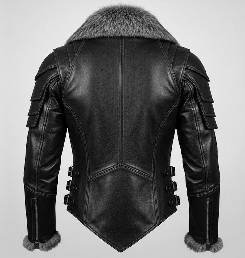 May include: Black leather jacket with a grey fur collar and cuffs. The jacket has shoulder accents, multiple buckles, and a sleeve zip. The back of the jacket has a distinctive geometric design.