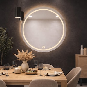 LED Round Mirror Touch Sensor, Backlit Bathroom Mirror, Modern Wall Mirror, Dimmable Lighted Vanity Mirror
