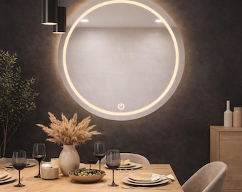 LED Round Mirror Touch Sensor, Backlit Bathroom Mirror, Modern Wall Mirror, Dimmable Lighted Vanity Mirror