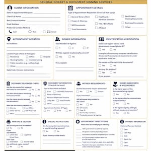 May include: A blue and white Client Intake & Appointment Readiness Form for notary services. The document includes sections for client information, appointment details, location, signer identification, document readiness, and payment information.