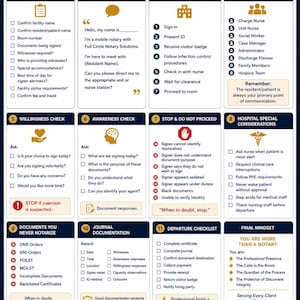May include: A dark blue and white reference guide for mobile notaries titled Skilled Nursing Facility & Hospital Notary Quick Reference Guide. It features eleven numbered sections with checklists, scripts, and protocols for professional notary services.