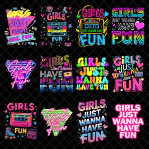 Op de afbeelding: Een verzameling kleurrijke grafische ontwerpen met de tekst "Girls Just Wanna Have Fun" in verschillende neonstijlen. Ontwerpen bevatten cassettes, rolschaatsen en elementen in 80's-stijl, allemaal op een zwarte achtergrond.