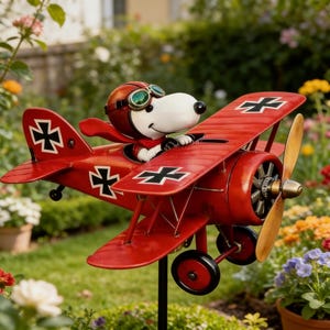 Może przedstawiać: Czerwona dekoracja ogrodowa w kształcie dwupłatowca z postacią psa z kreskówki w kasku i goglach pilota. Samolot ma czarno-białe krzyże i drewniane śmigło. Dekoracja znajduje się w ogrodzie z kwiatami.