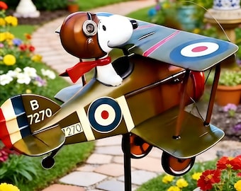 Molinillo de viento de metal con forma de biplano de Snoopy, ideal para armar uno mismo. Molino de jardín de metal. Crea tu propio adorno para patio. Decoración para exteriores. Adorno para patio.