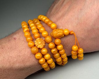 Echte Baltische barnsteen mala met 108 kralen – barnsteen gebedskralen, boeddhistische Japa mala voor meditatie en helende energie.