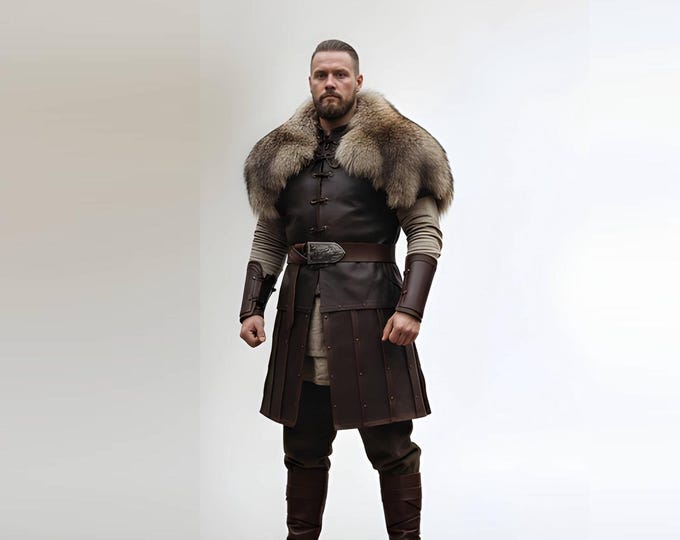 Featured listing image: Viking Leather Armor with Fur Collar, Medieval Warrior Costume, Nordic Leather Tunic, LARP Outfit, Renaissance Armor, Barbarian, Handmade