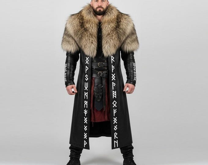 Featured listing image: Men Viking Fur Leather Coat, Norse Warrior Armor, Berserker Costume, Rune Leather Cloak, Medieval Fur Coat, LARP Outfit, Gothic Viking Coat