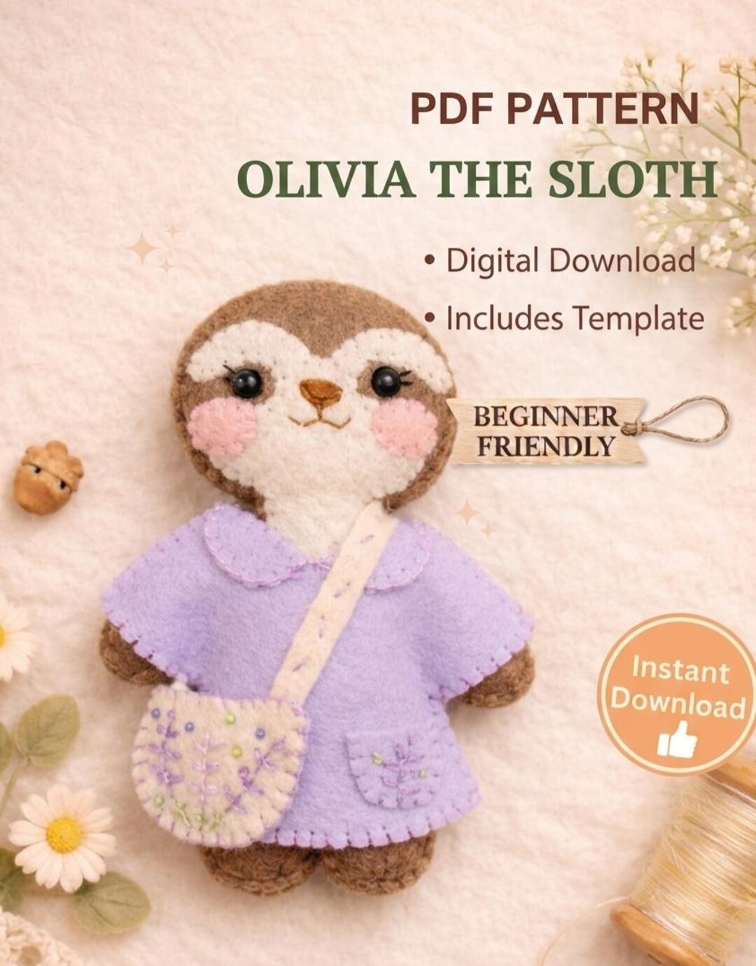Felt Sloth Sewing Pattern / PDF Download / Olivia With Dress & Bag ...