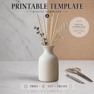 May include: A printable template digital download featuring a speckled off-white vase holding thin wooden sticks and dried botanical stems. The image includes text reading PRINTABLE TEMPLATE, DIGITAL DOWNLOAD, NO PHYSICAL ITEM, and PRINT CUT CREATE.