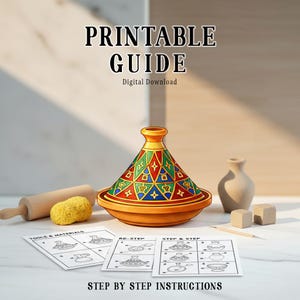 May include: A Printable Guide digital download with step-by-step instructions. The image features a colorful, decorative tagine pot, a small vase, wooden blocks, a rolling pin, and a sponge. The guide includes diagrams for tools and materials.