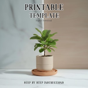 Könnte beinhalten: Eine kleine Topfpflanze mit leuchtend grünen Blättern steht auf einer terrakottafarbenen Untertasse. Der beige Topf hat ein zweistufiges Design. Das Bild enthält den Text "PRINTABLE TEMPLATE" und "Digital Download" oben und "STEP BY STEP INSTRUCTIONS" unten.