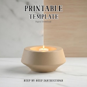 May include: A beige, geometric candle holder with a lit white candle inside. The text "PRINTABLE TEMPLATE" and "STEP BY STEP INSTRUCTIONS" are displayed above and below the candle holder, respectively. The words "Digital Download" are also visible.