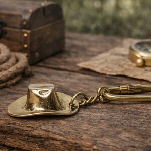 May include: A gold-colored cowboy hat keychain with a clasp, set on a wooden surface. A vintage compass, a small wooden chest, and a coil of rope are in the background, evoking a sense of adventure and travel.