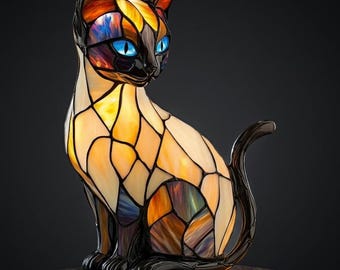 Stained Glass Cat Lamp, Siamese Cat Night Light, Resin Table Decor, Cozy Atmosphere Lighting