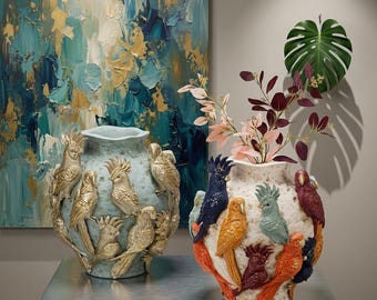 Jarrón con relieve de loro, jarrón bohemio con loro, jarrón decorativo con pájaros, decoración tropical con loro, decoración de lujo para el hogar, idea de regalo única, idea de regalo exótica, jarrón