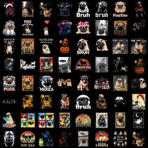 May include: A collection of graphic designs featuring pugs in various artistic styles, including illustrations of pugs with ramen, pugs as movie characters, pugs in space, pugs with food, and pugs in humorous scenarios, all arranged in a grid on a black background.