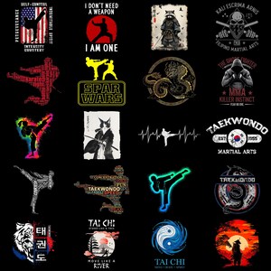 Puede incluir: Una colección de veinte diseños gráficos distintos con temas de artes marciales, que incluyen siluetas de practicantes, animales estilizados como mapaches y gatos, dragones, calaveras y elementos de texto como Spar Wars y Taekwondo.